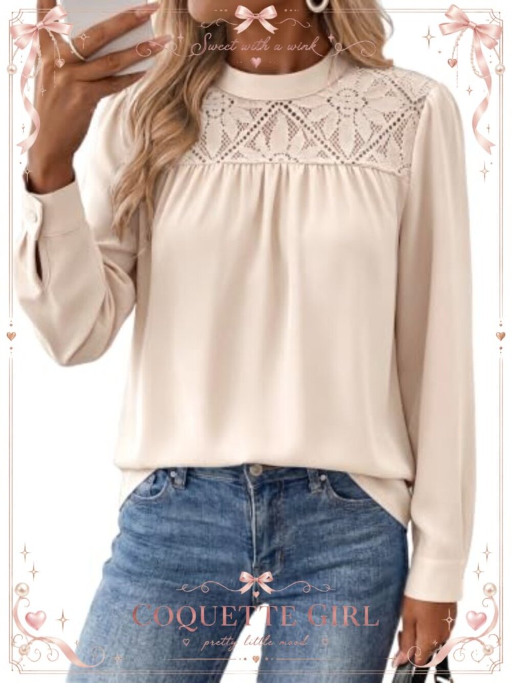 Long Sleeve Lace Mock Neck Blouse Dressy Casual Top Loose Fit